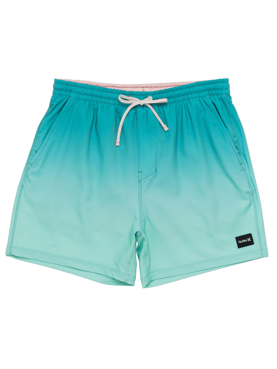 Teal swim shorts with a brand label on a white background