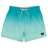 Teal swim shorts with a brand label on a white background