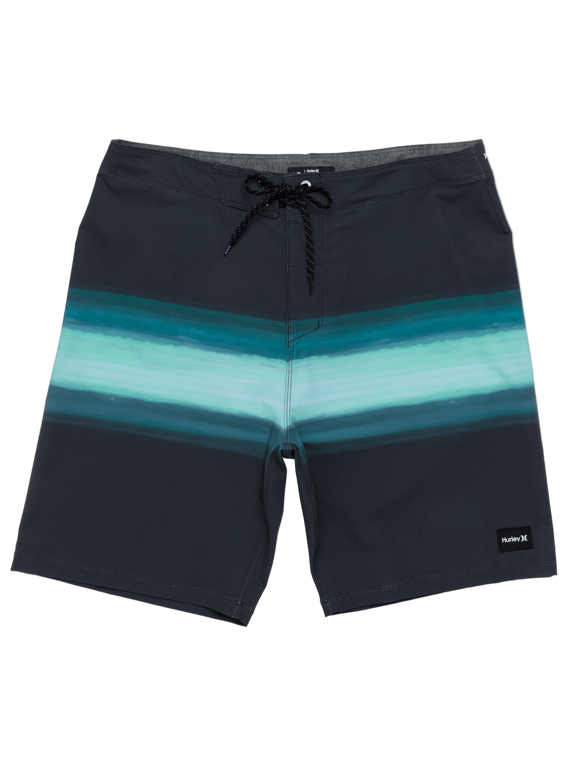 Black and blue striped board shorts on a white background