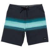 Black and blue striped board shorts on a white background