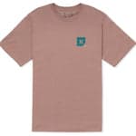 Brown t-shirt with a small logo on the chest against a white background