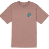 Brown t-shirt with a small logo on the chest against a white background