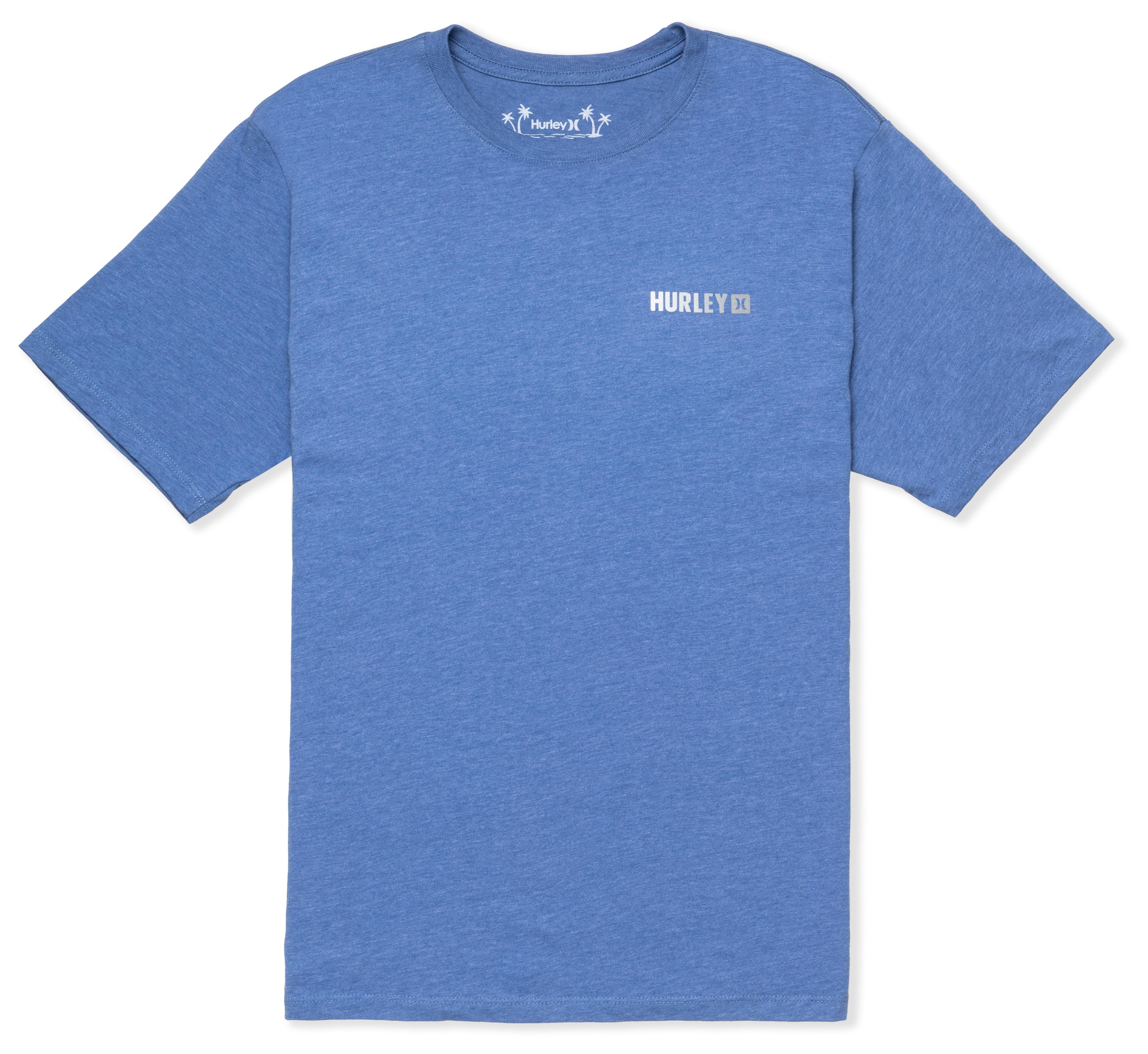 Blue t-shirt with Hurley logo on a white background