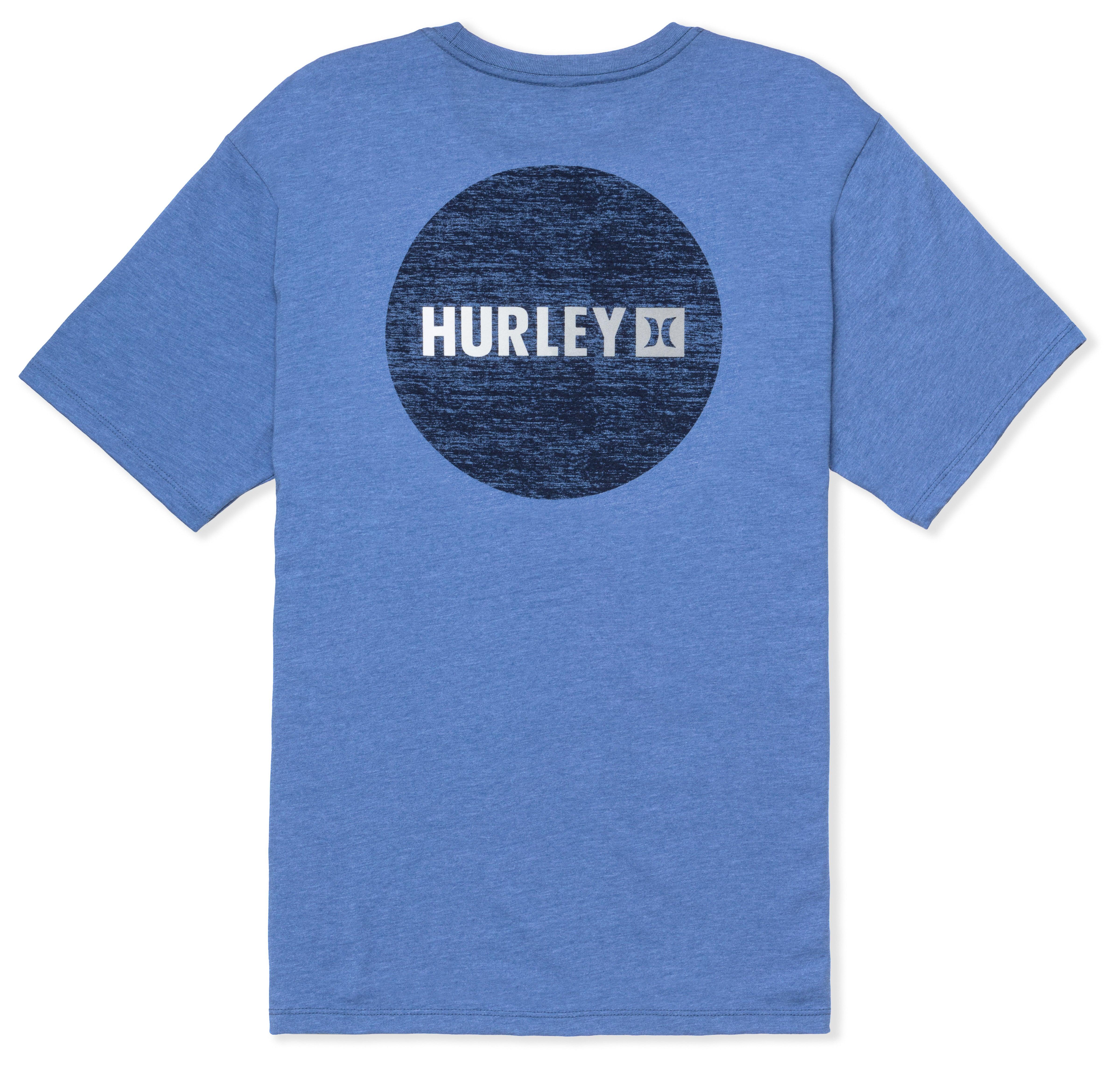 Blue t-shirt with Hurley logo on a white background