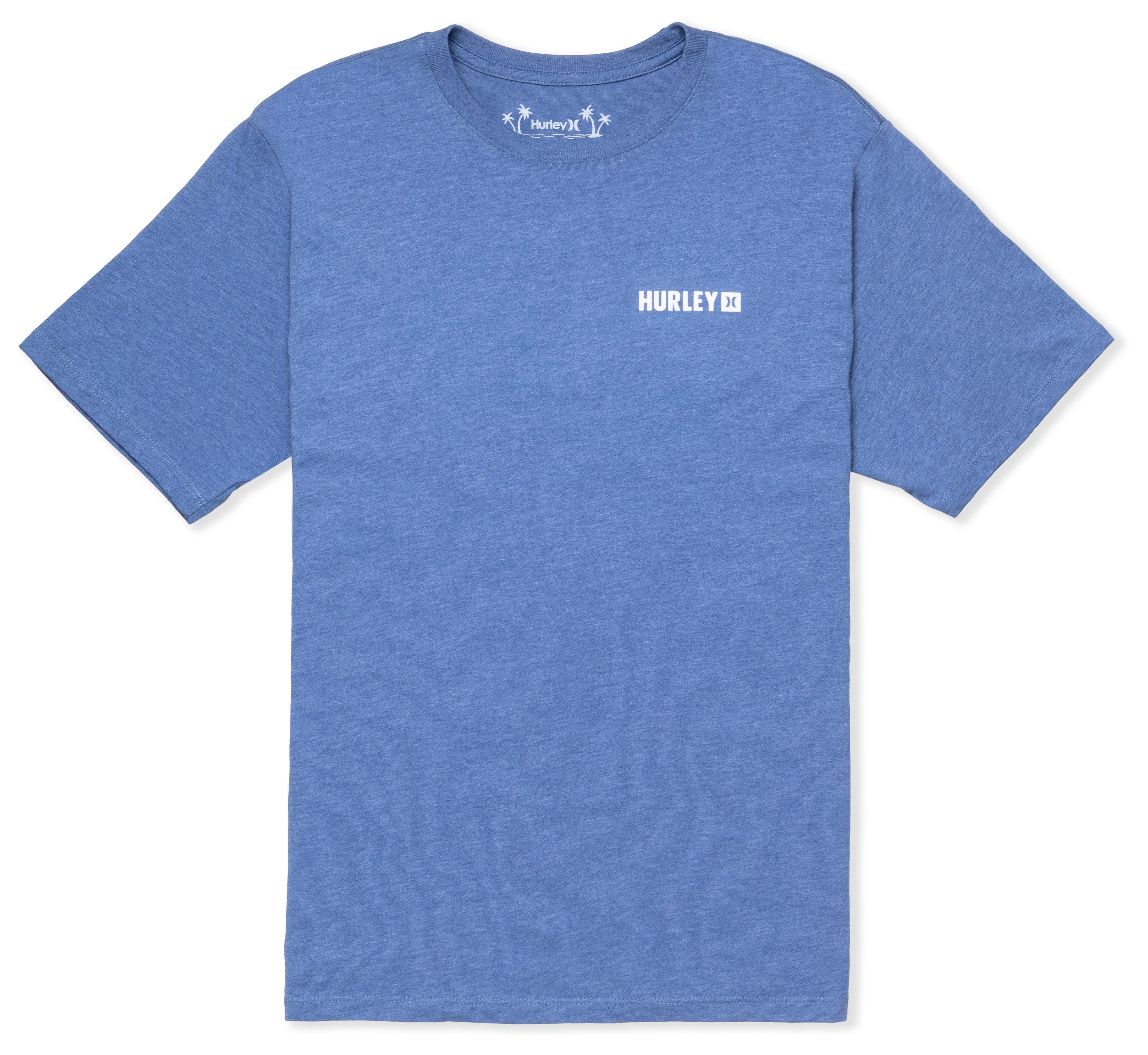 Blue t-shirt with Hurley logo on a white background