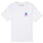 White t-shirt with a colorful logo on the chest against a white background