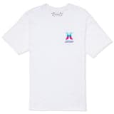 White t-shirt with a colorful logo on the chest against a white background