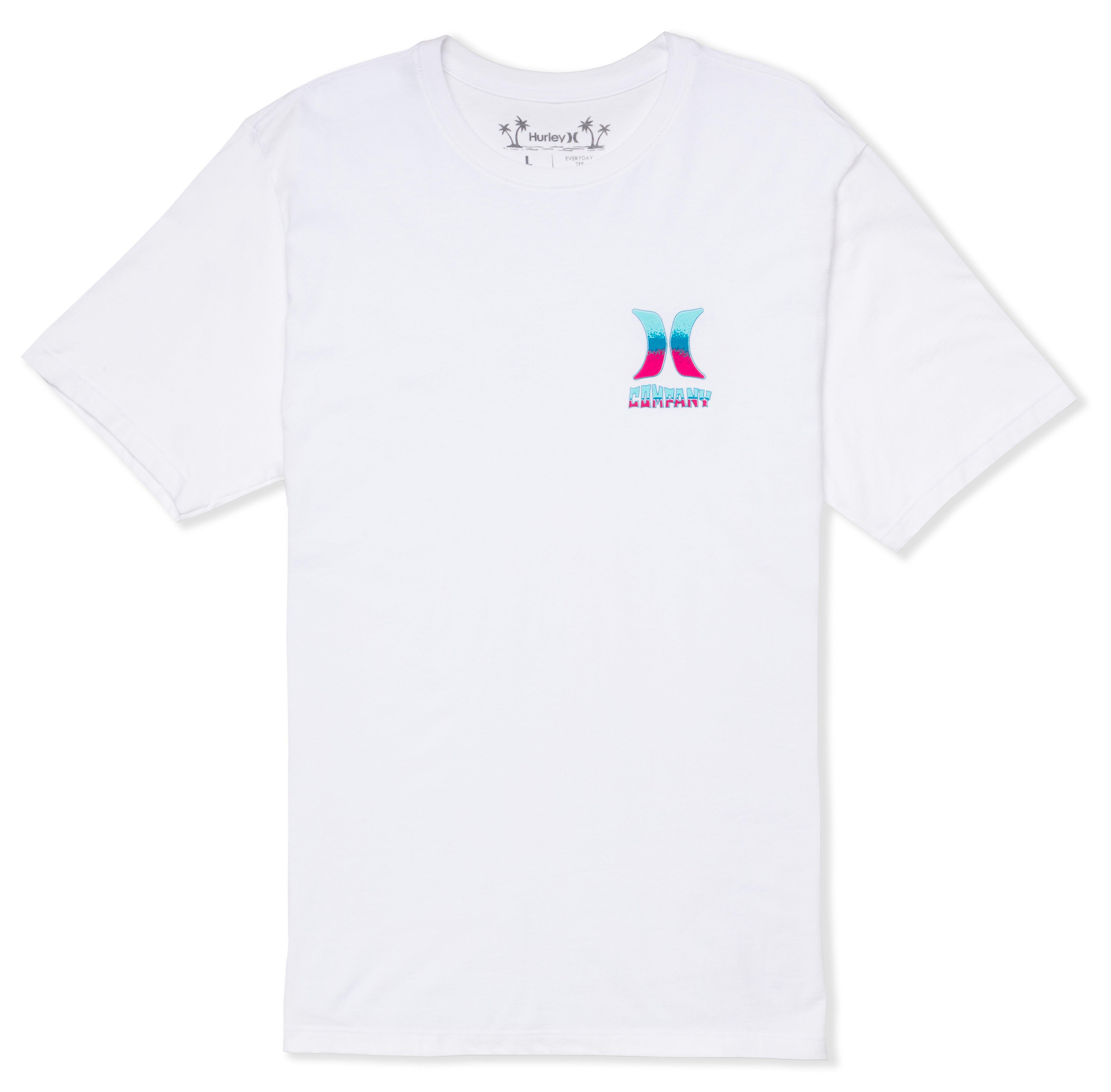 White t-shirt with a colorful logo on the chest against a white background