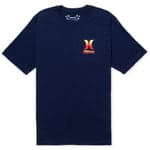 Navy blue t-shirt with a colorful logo on a white background