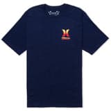 Navy blue t-shirt with a colorful logo on a white background