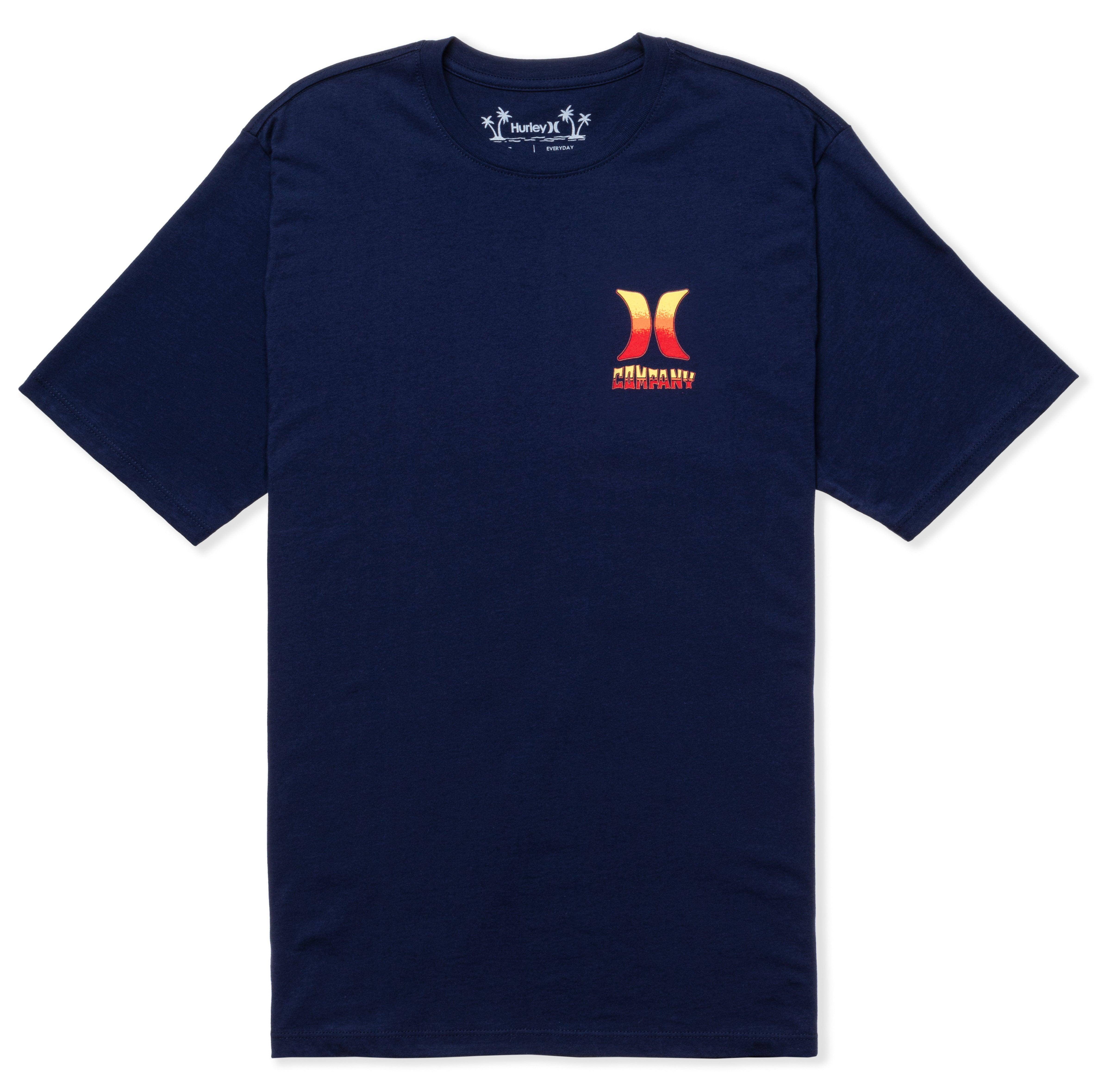 Navy blue t-shirt with a colorful logo on a white background
