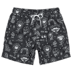 Black shorts with white graphic designs on a white background