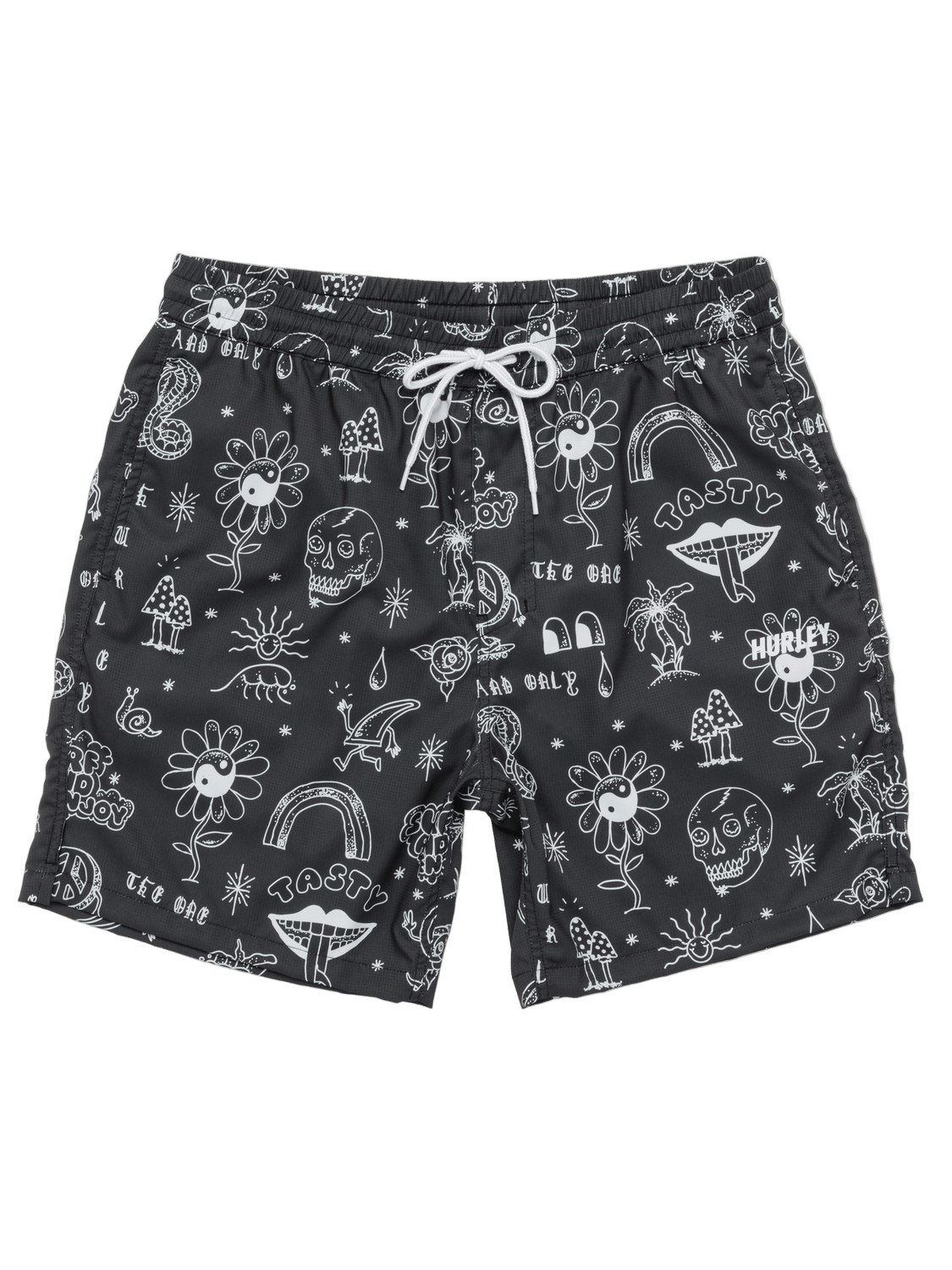 Black shorts with white graphic designs on a white background