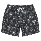 Black shorts with white graphic designs on a white background