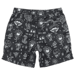 Black shorts with white graphic designs on a white background