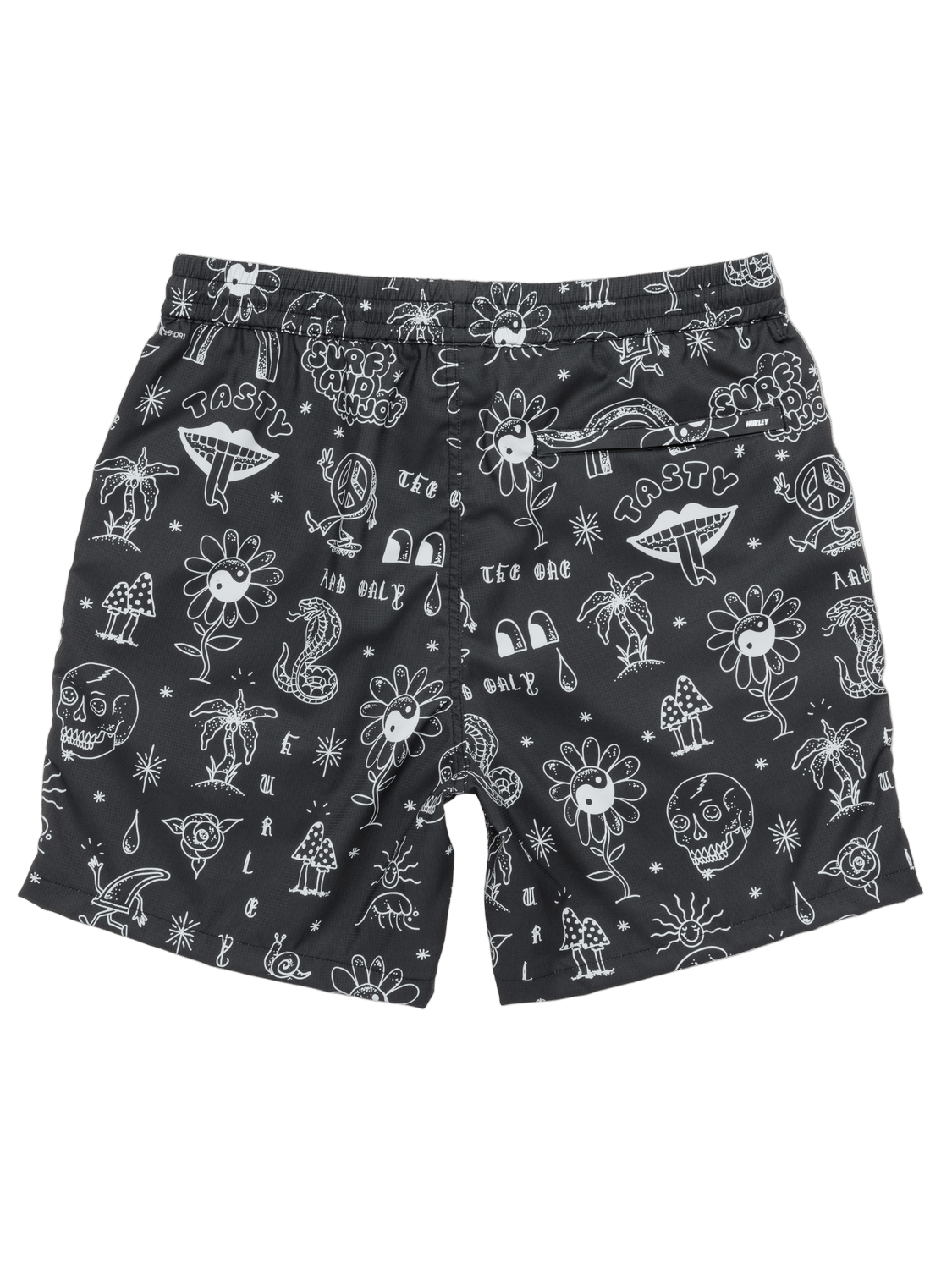 Black shorts with white graphic designs on a white background
