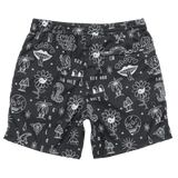Black shorts with white graphic designs on a white background