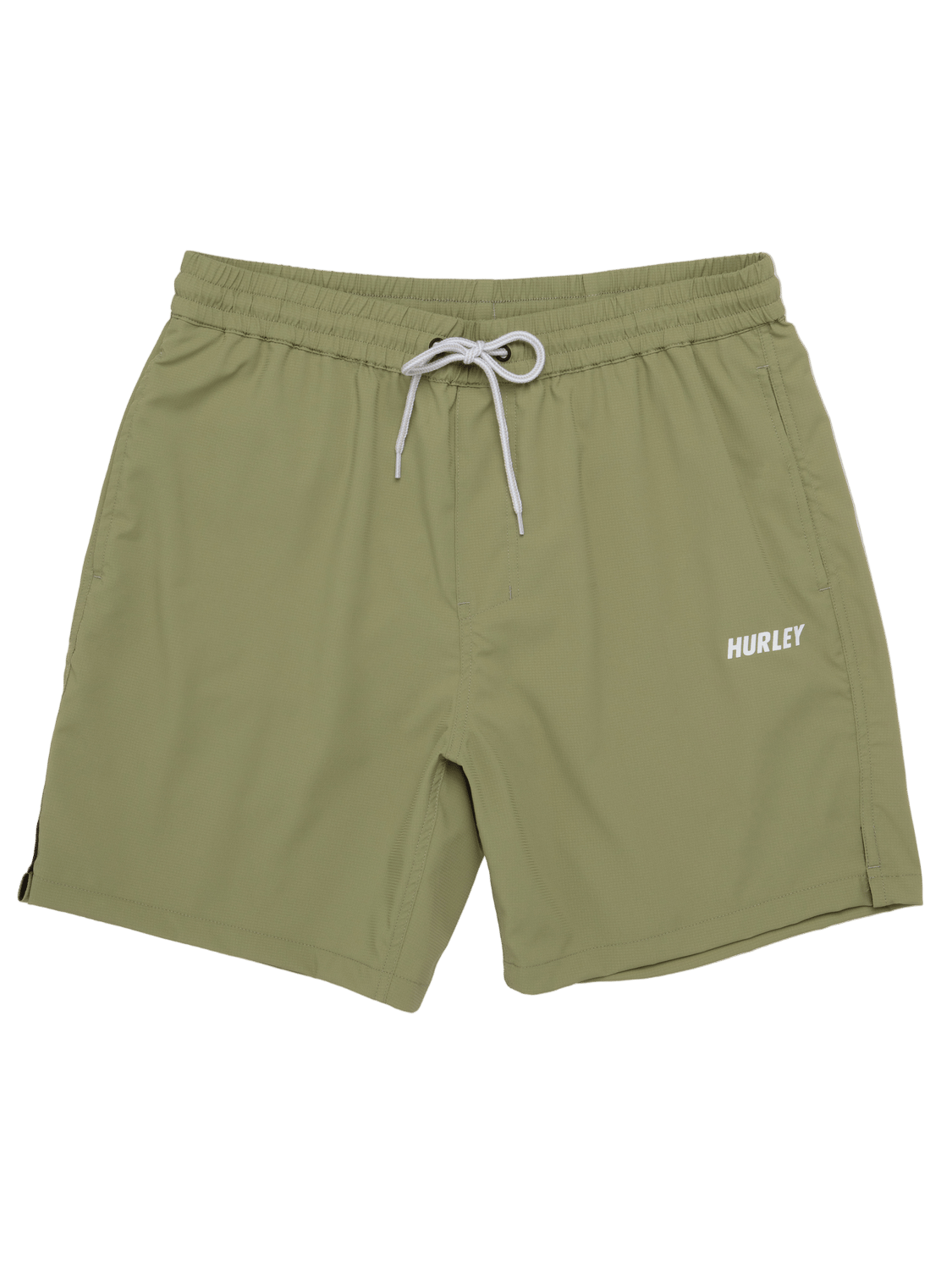 Green shorts with a drawstring on a white background