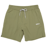Green shorts with a drawstring on a white background