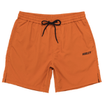 Orange shorts with a black drawstring and 'Hurley' logo on a white background