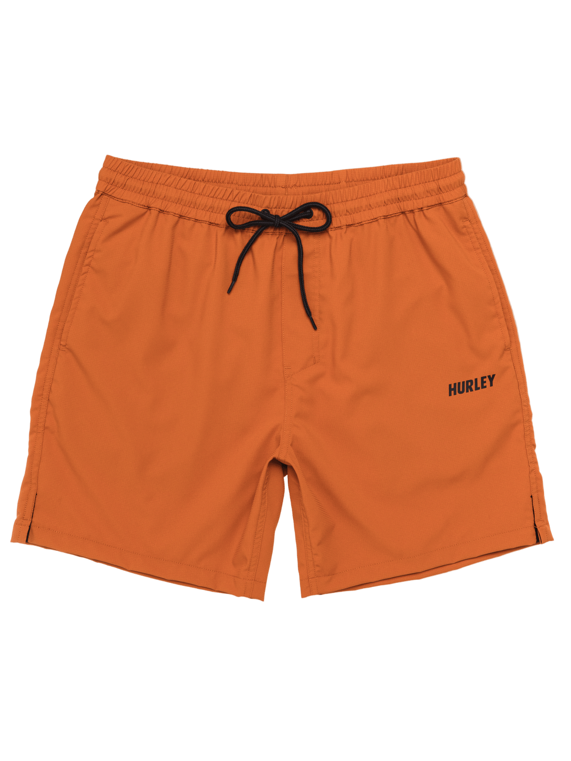 Orange shorts with a black drawstring and 'Hurley' logo on a white background