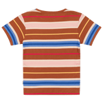 Striped t-shirt with brown, blue, pink, and white colors on a white background