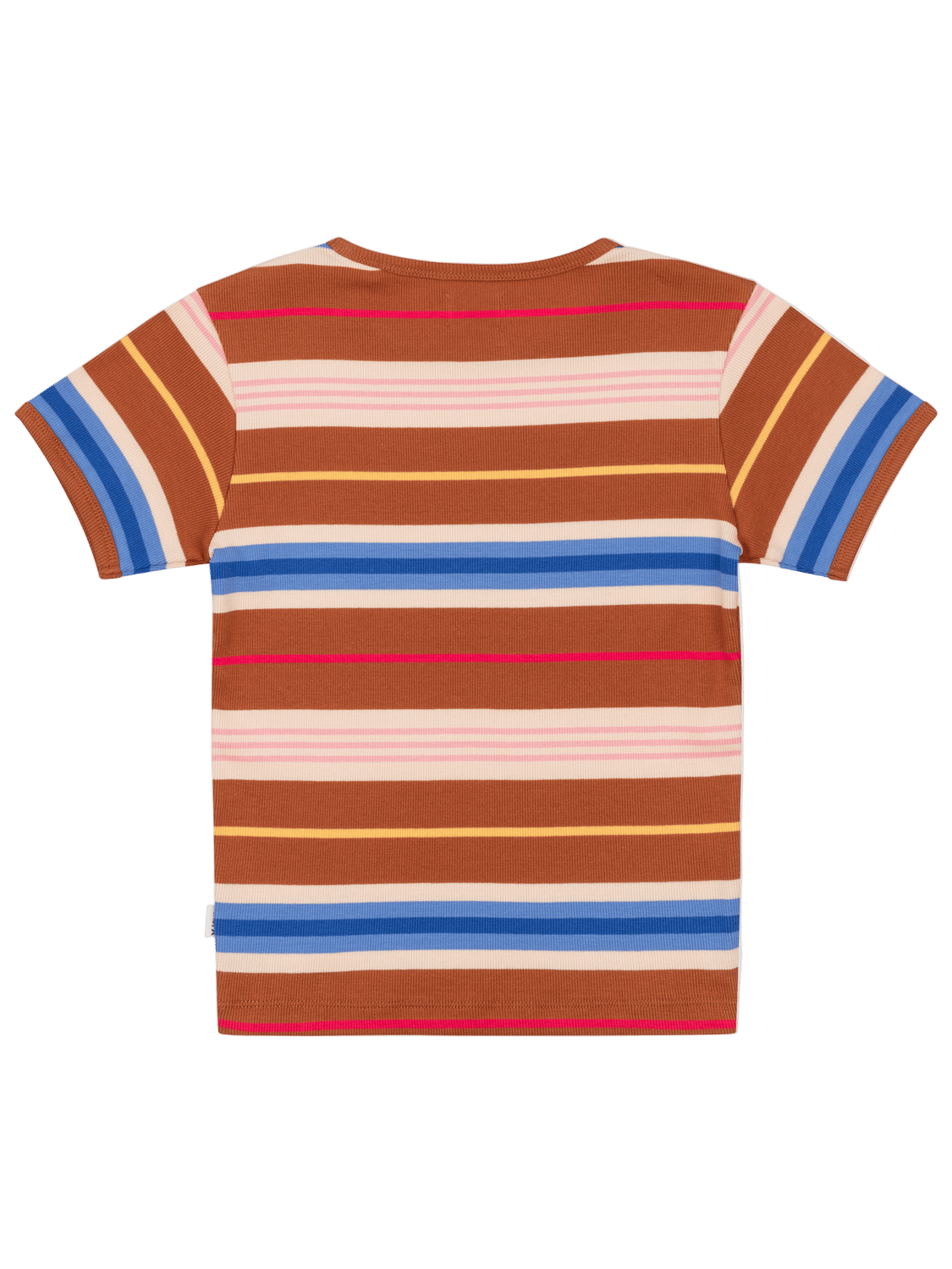 Striped t-shirt with brown, blue, pink, and white colors on a white background