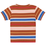 Striped t-shirt with brown, blue, pink, and white colors on a white background