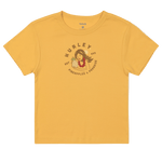 Yellow t-shirt with a graphic design on a white background