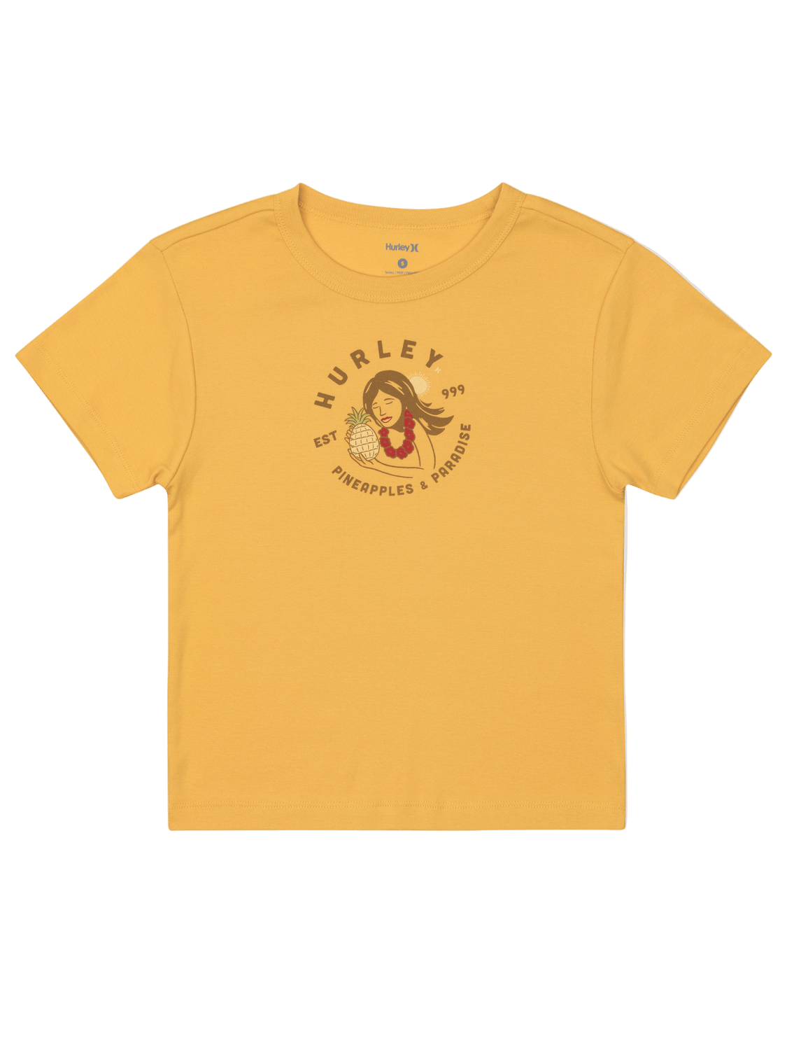 Yellow t-shirt with a graphic design on a white background