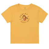 Yellow t-shirt with a graphic design on a white background