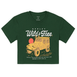 Green t-shirt with a graphic of a vintage jeep and 'Wild & Free' text on a white background