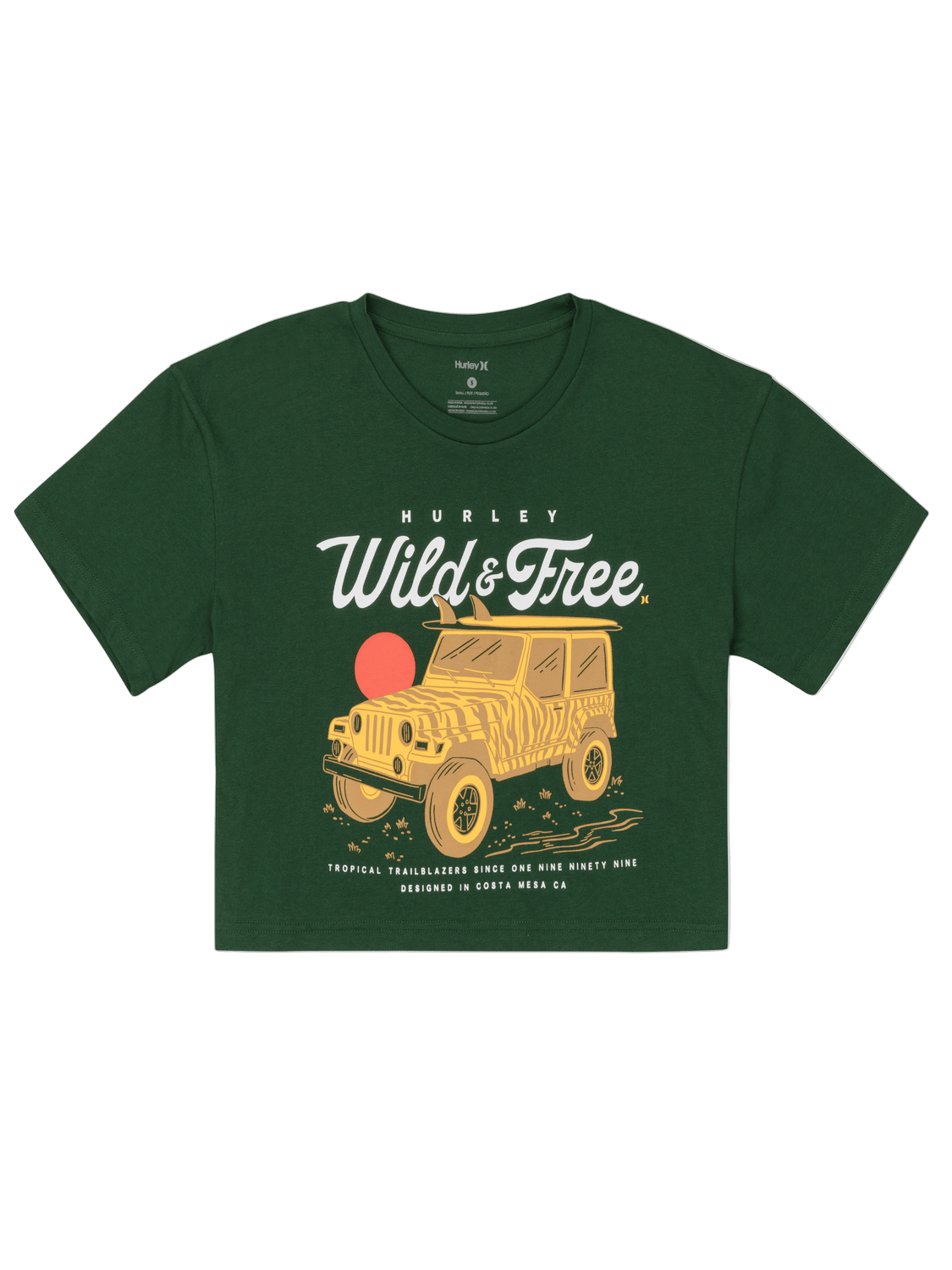Green t-shirt with a graphic of a vintage jeep and 'Wild & Free' text on a white background