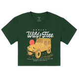 Green t-shirt with a graphic of a vintage jeep and 'Wild & Free' text on a white background