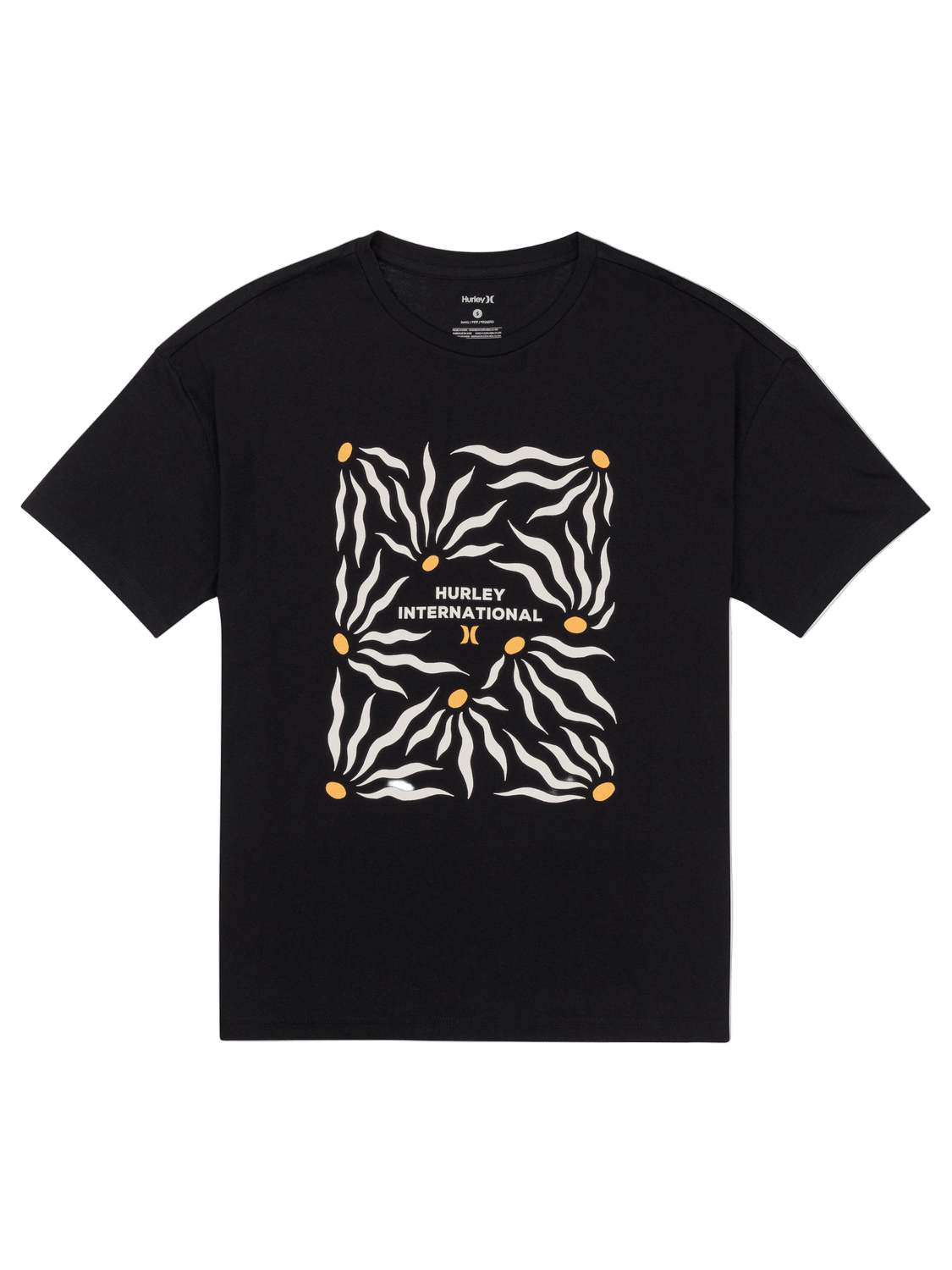 Black t-shirt with zebra print design and 'Hurley International' text on a white background