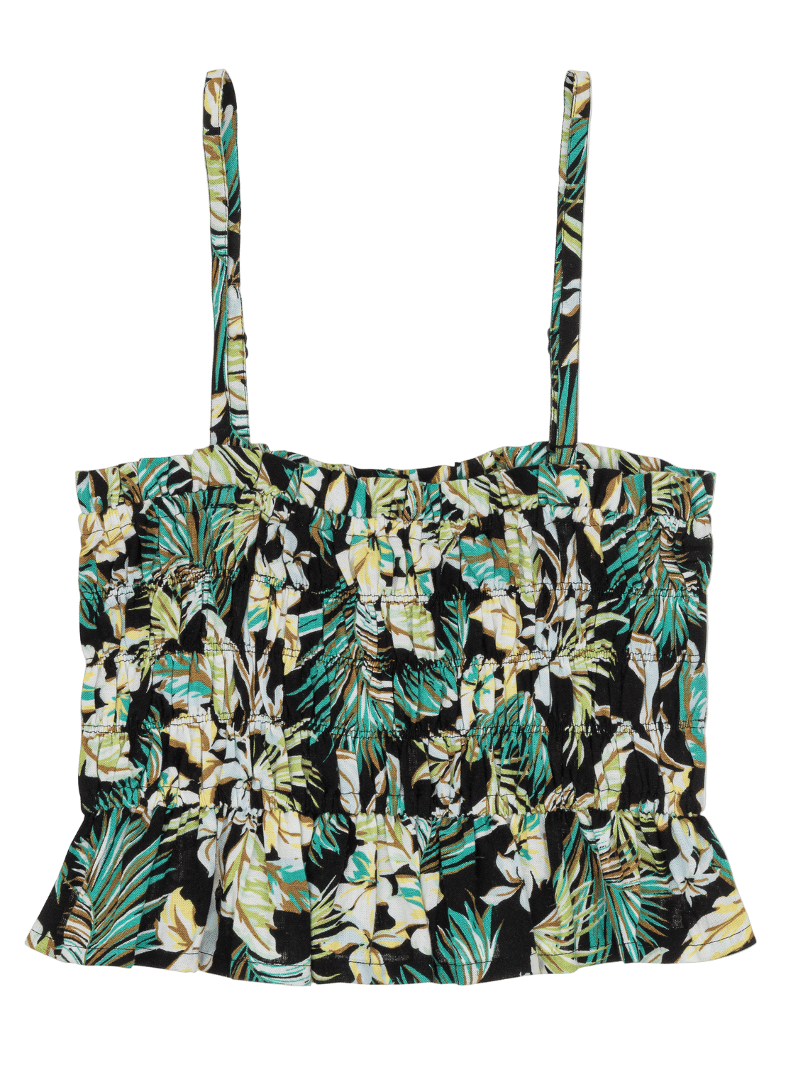 Floral patterned top with thin straps on a white background