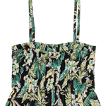 Tropical patterned top with thin straps on a white background