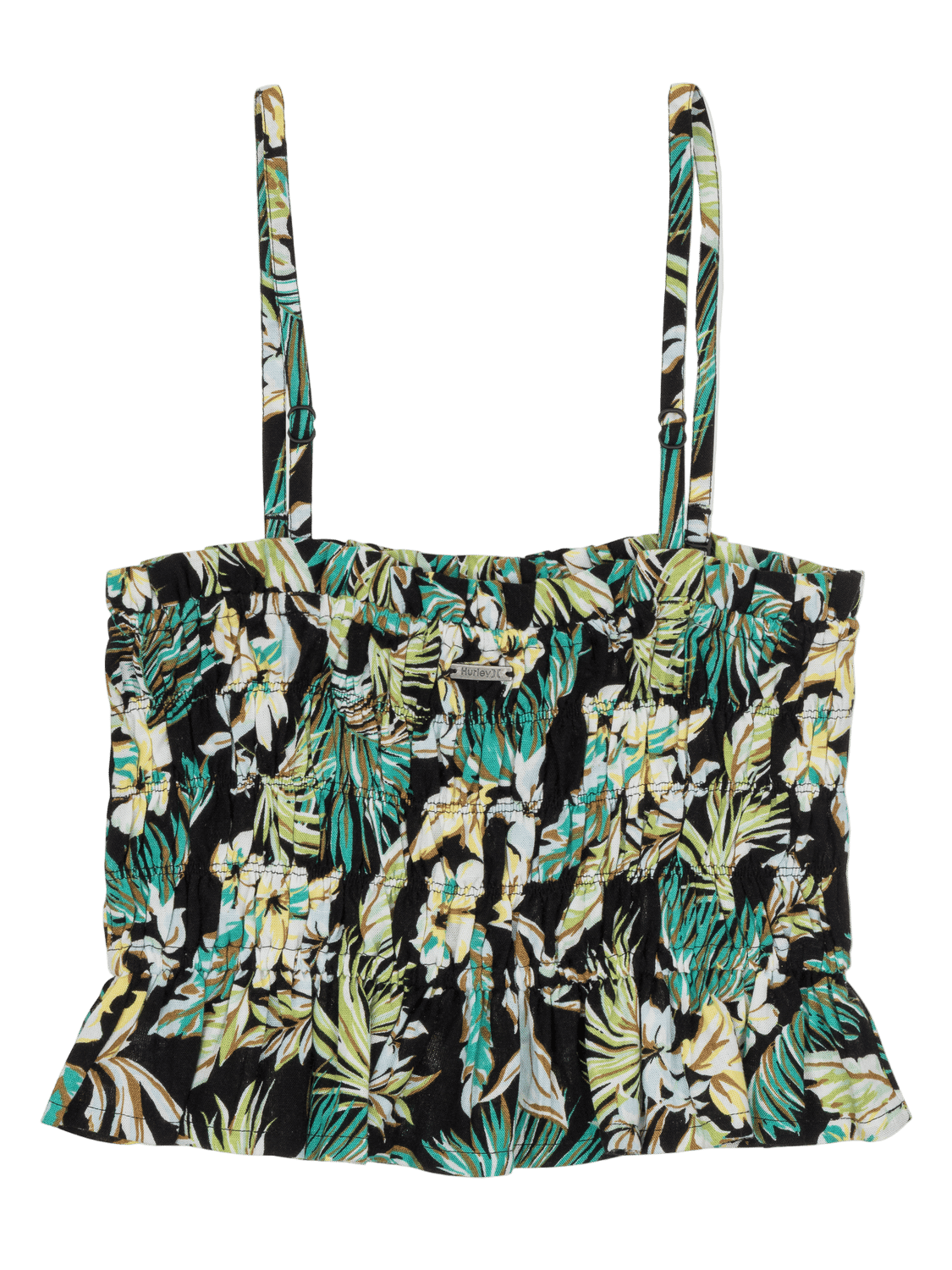 Tropical patterned top with thin straps on a white background