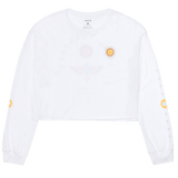 White sweatshirt with yellow accents on a white background
