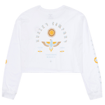 White sweatshirt with a logo on a white background