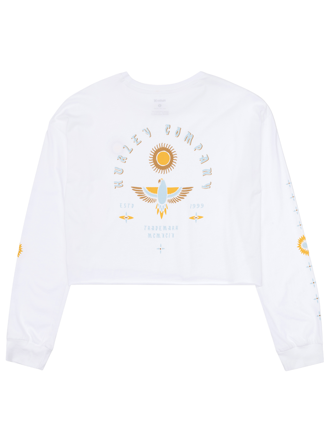 White sweatshirt with a logo on a white background