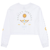 White sweatshirt with a logo on a white background