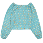 Blue floral-patterned long-sleeve top on a white background