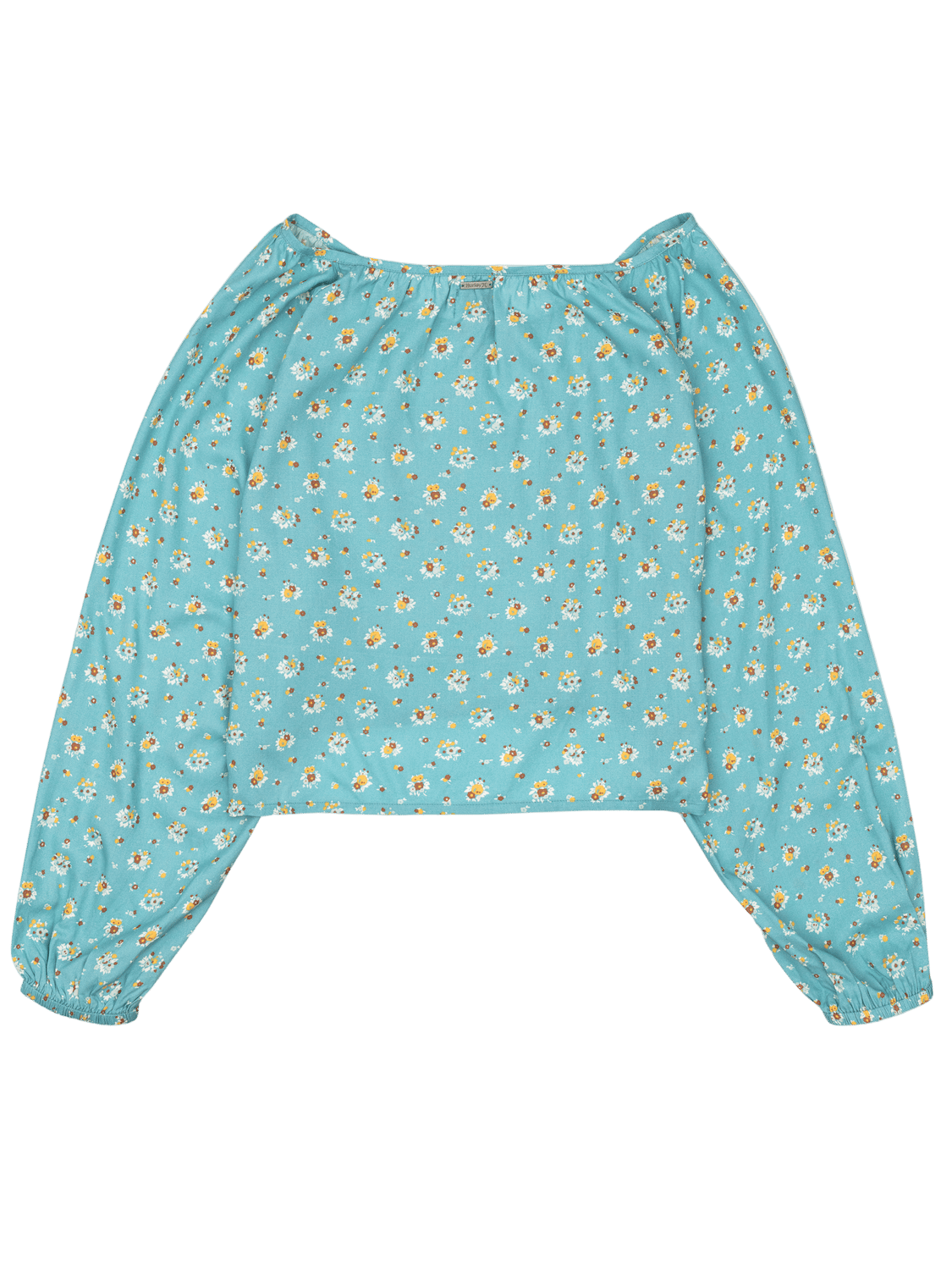 Blue floral-patterned long-sleeve top on a white background