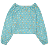 Blue floral-patterned long-sleeve top on a white background