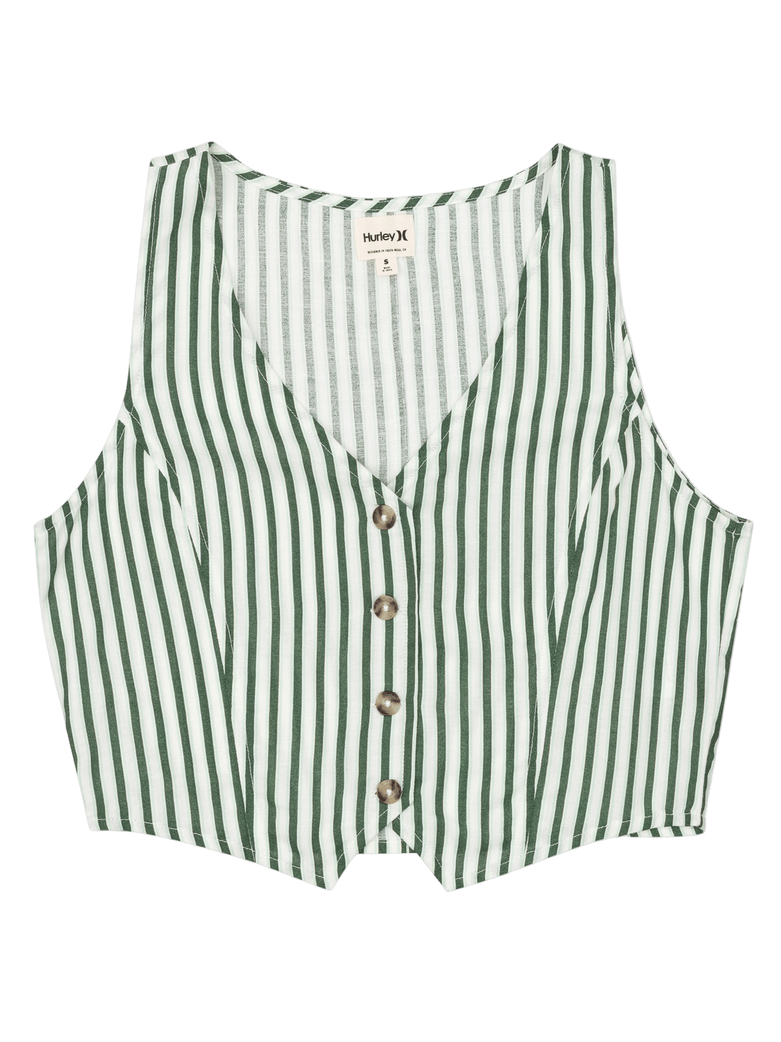 Green and white striped vest with buttons on a white background