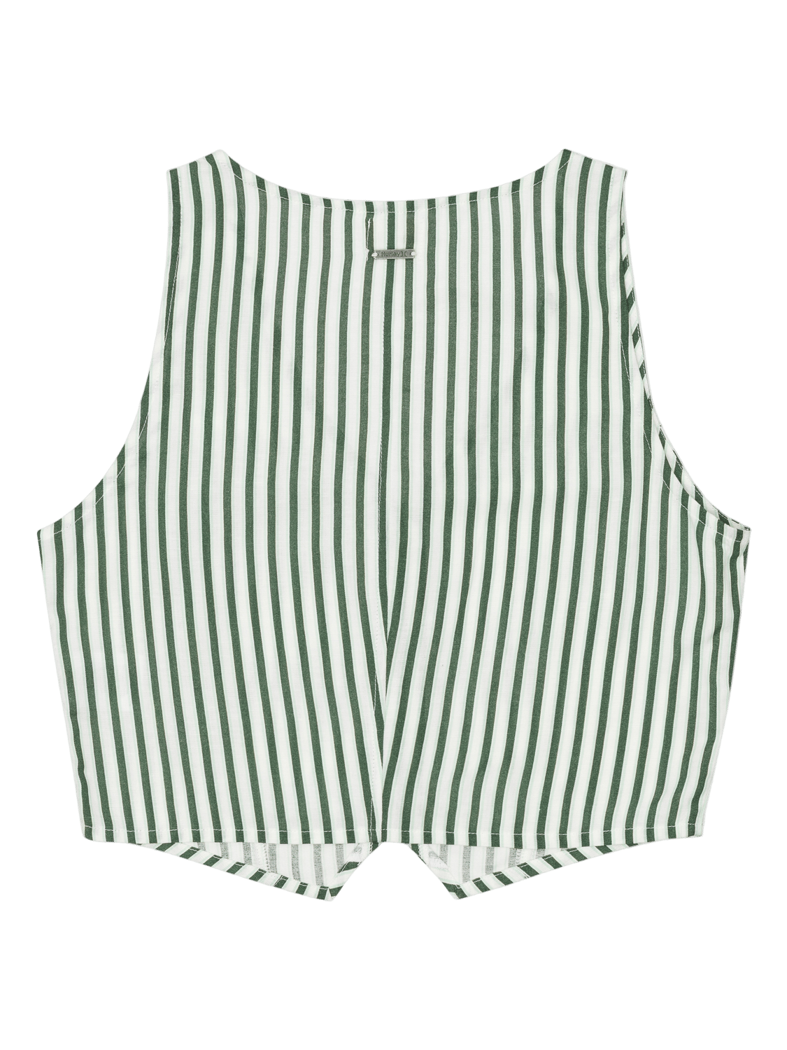 Green and white striped romper on a white background