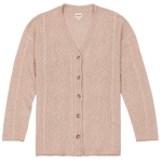 Beige cable knit cardigan with buttons on a white background