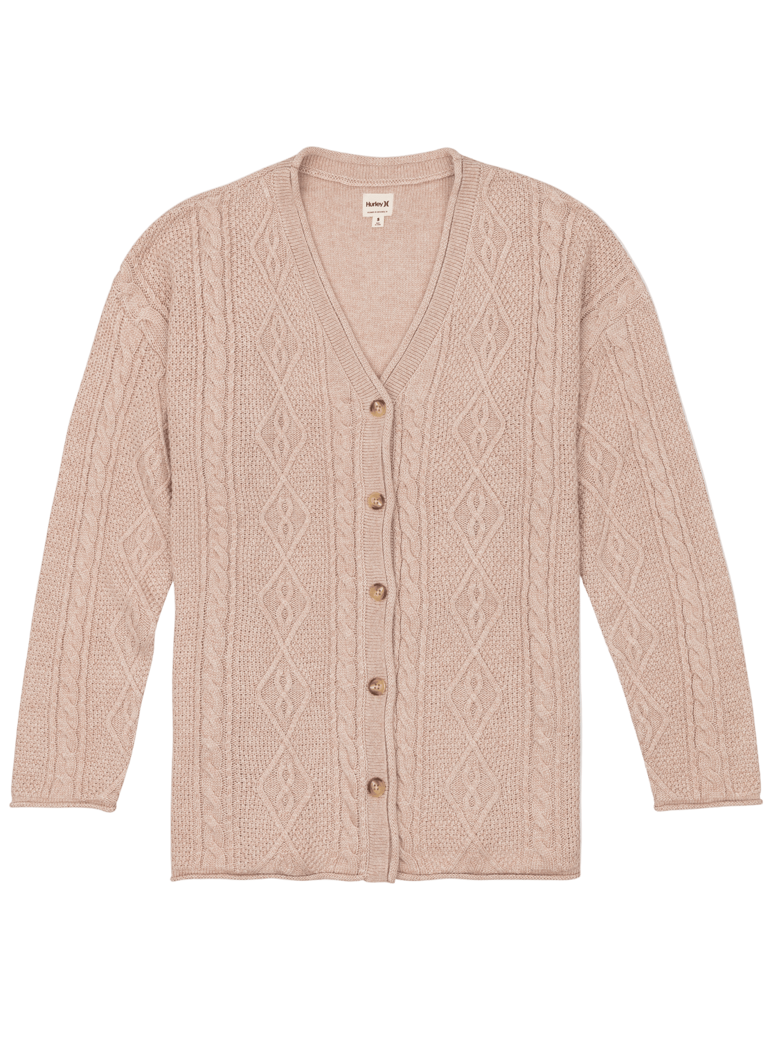 Beige cable knit cardigan with buttons on a white background
