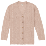 Beige cable knit cardigan with buttons on a white background